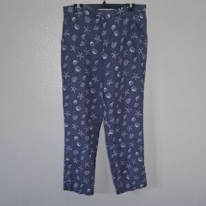 Coldwater Creek Coastal Seashell Blue Linen Pants Beachy Sz 14 Inseam 29.5"